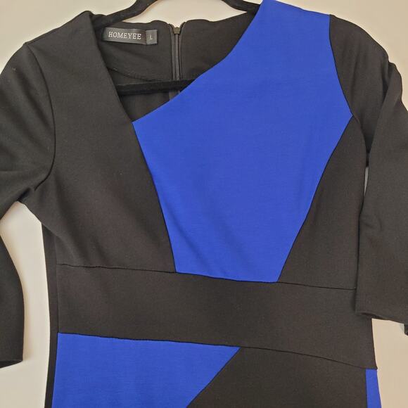 Colorblock Sheath Dress L Black/Royal Blue 3/4 Sleeve Back Zip HOMEYEE - Picture 5 of 7